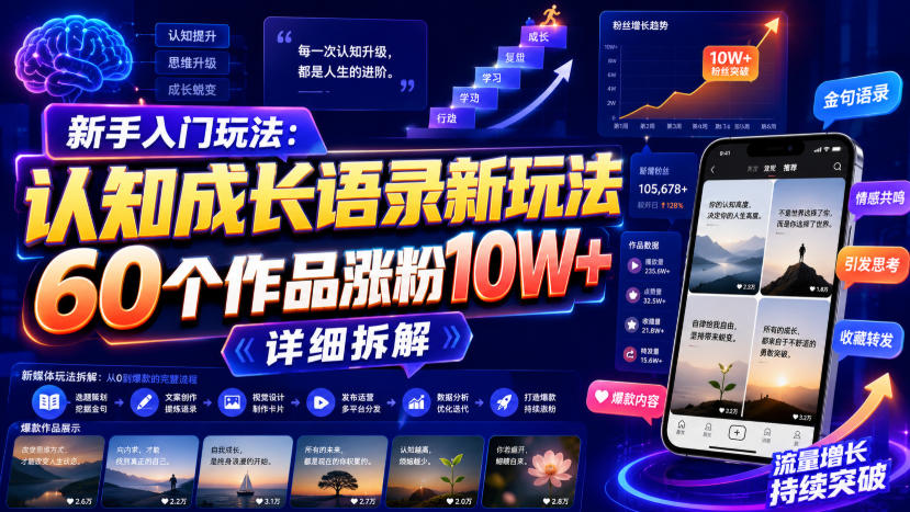 新手入门玩法：认知成长语录新玩法，60个作品涨粉10W+，详细拆解-52项目站