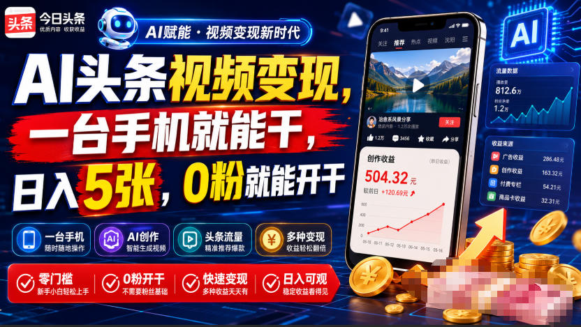 AI头条视频变现，一台手机就能干，日入5张，0粉就能开干-52项目站