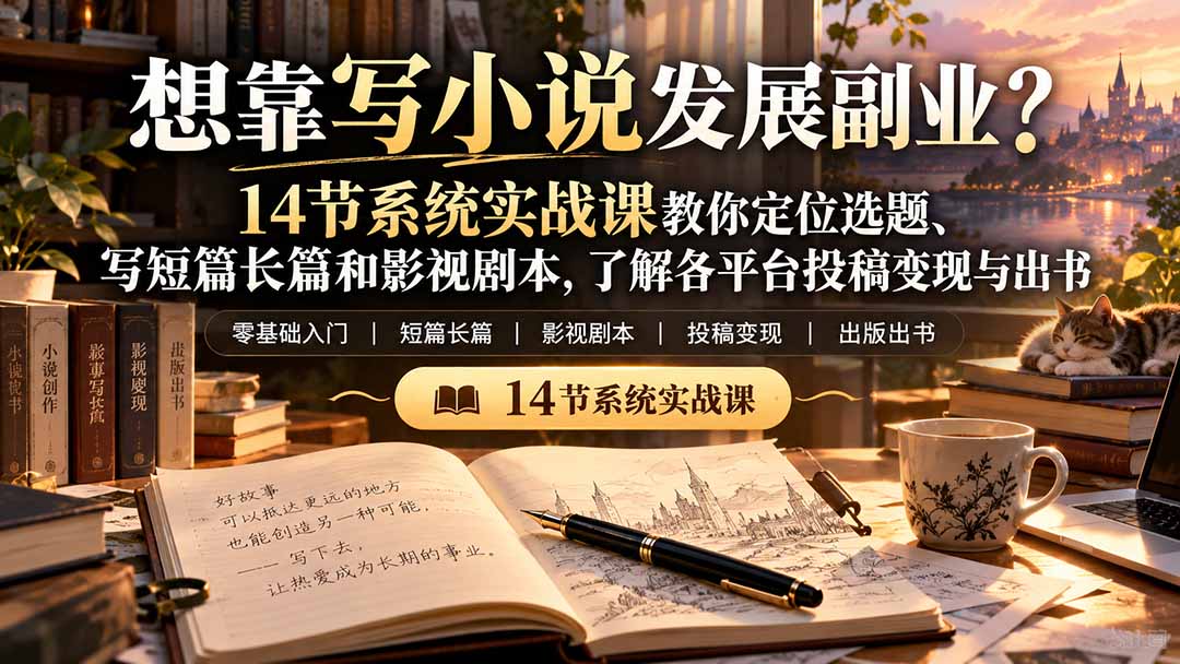 【无水印】想靠写小说发展副业？14节系统实战课教你定位选题、写短篇长篇和影视剧本，了解各平台投稿变现与出书-52项目站