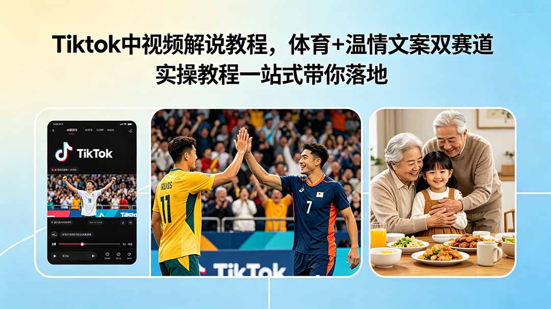 Tiktok中视频解说教程，体育+温情文案双赛道实操教程一站式带你落地-52项目站