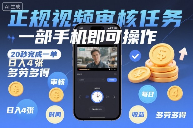 正规视频审核任务,一部手机即可操作,20秒完成一单,日入4张,多劳多得【揭秘】-52项目站