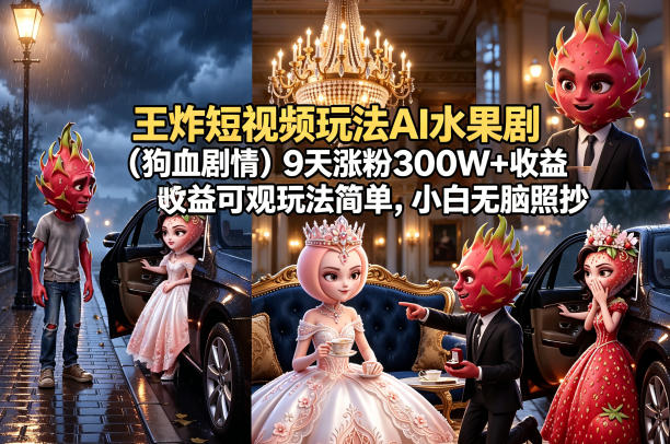 王炸短视频玩法AI水果剧(狗血剧情)9天涨粉300W+收益可观玩法简单，小白无脑照抄，详细拆解玩法-52项目站
