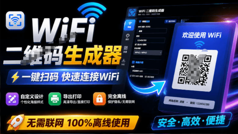 完全离线使用！WiFi二维码生成器，一键扫码快速连接WiFi，支持自定义风格导出WiFi二维码生成器-52项目站