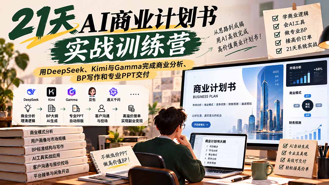 【无水印】21天AI商业计划书实战训练营：用DeepSeek、Kimi与Gamma完成商业分析、BP写作和专业PPT交付-52项目站
