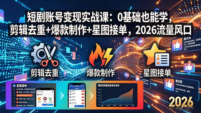 短剧账号变现实战课：0基础也能学，剪辑去重+爆款制作+星图接单，2026流量风口-52项目站