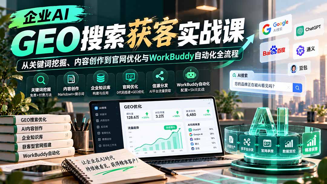企业AI GEO搜索获客实战课：从关键词挖掘、内容创作到官网优化与WorkBuddy自动化全流程-52项目站