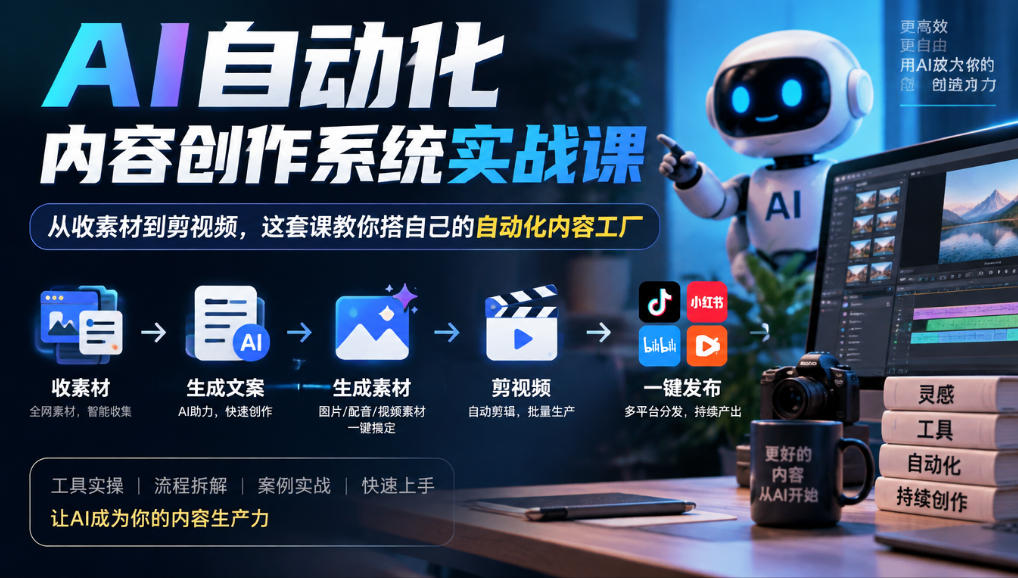 AI自动化内容创作系统实战课，从收素材到剪视频，这套课教你搭自己的自动化内容工厂-52项目站