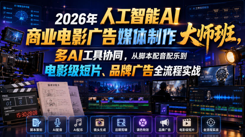 2026年人工智能AI商业电影广告媒体制作大师班，多AI工具协同，从脚本配音配乐到电影级短片、品牌广告全流程实战(中英字幕)-52项目站