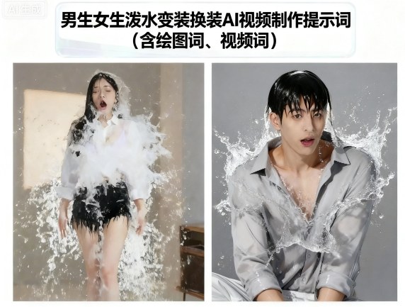 男生女生泼水变装换装AI视频制作提示词(含绘图词、视频词)-52项目站