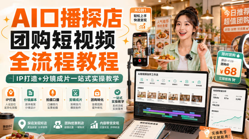 AI口播探店团购短视频全流程教程｜IP打造+分镜成片一站式实操教学-52项目站