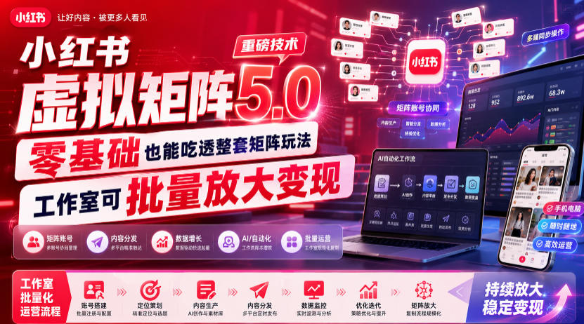 小红书虚拟矩阵5.0重磅技术，零基础也能吃透整套矩阵玩法，工作室可批量放大变现-52项目站