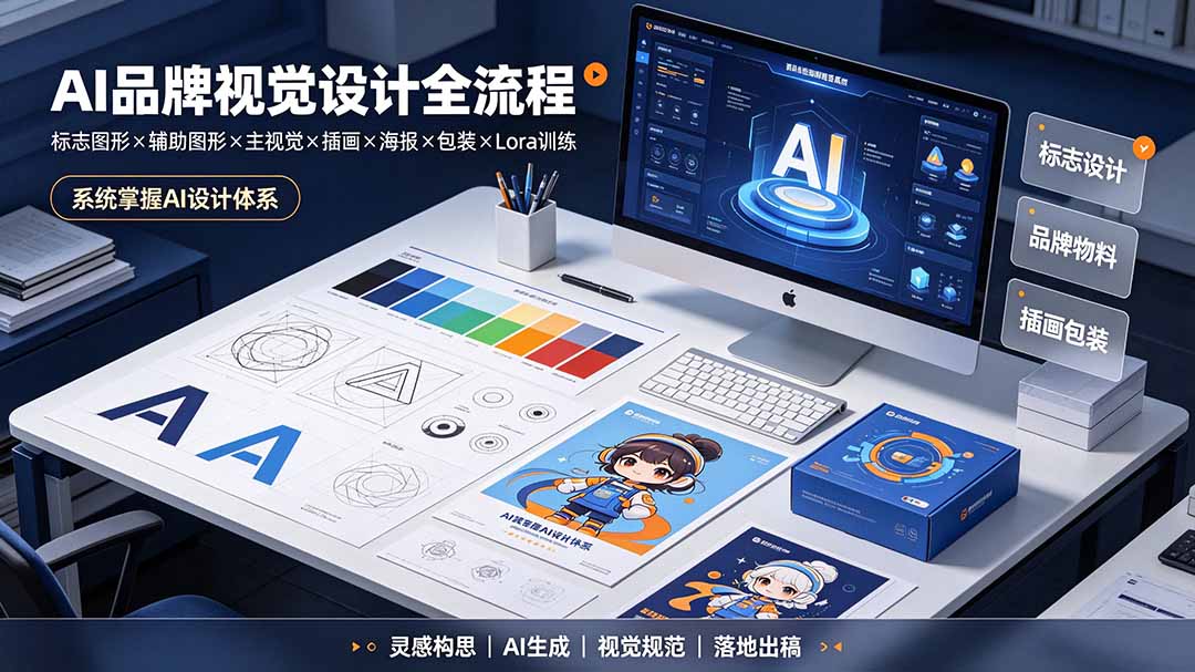 AI品牌视觉设计全流程：标志图形×辅助图形×主视觉×插画×海报×包装×Lora训练，系统掌握AI设计体系-52项目站