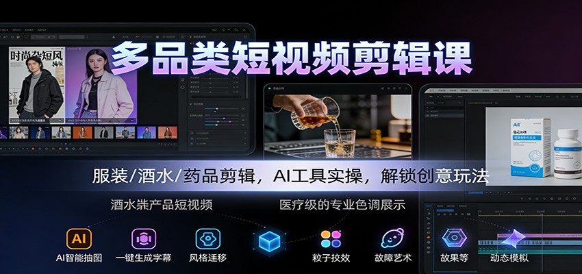 多品类短视频剪辑课：服装/酒水/药品剪辑，AI工具实操，解锁创意玩法-52项目站