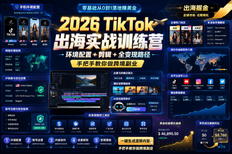 2026 TikTok出海实战训练营,环境配置 + 剪辑 + 全变现路径,手把手教你做跨境副业-52项目站