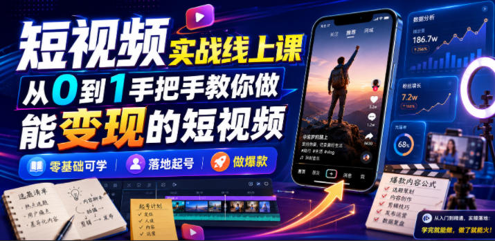 短视频实战线上课，从0到1手把手教你做能变现的短视频，零基础可学，落地起号做爆款-52项目站