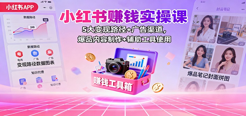 小红书赚钱实操课：5大变现路径+广告渠道，爆品内容制作+辅助工具使用-52项目站