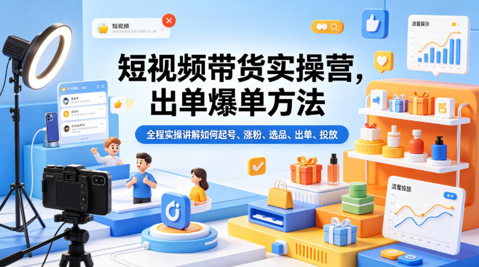 短视频带货实操营，出单爆单方法，全程实操讲解如何起号、涨粉、选品、出单、投放-52项目站