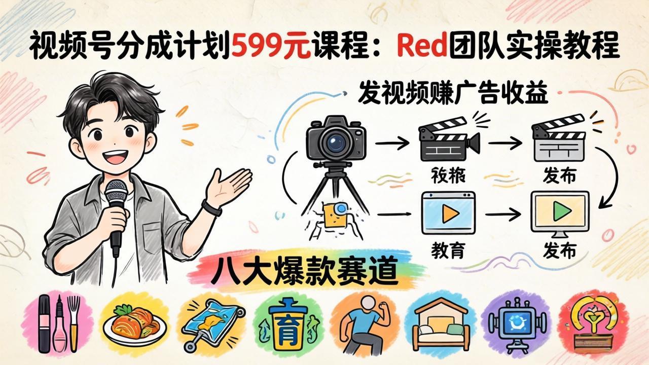视频号分成计划599元课程：Red团队实操教程，发视频赚广告收益，八大爆款赛道全掌握-52项目站