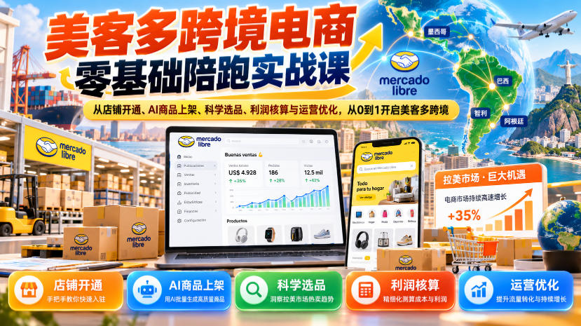 美客多跨境电商零基础陪跑实战课:从店铺开通、AI商品上架、科学选品、利润核算与运营优化,从0到1开启美客多跨境-52项目站