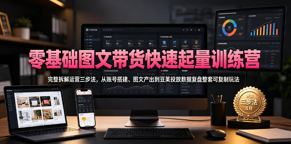 零基础图文带货快速起量训练营,完整拆解运营三步法,从账号搭建、图文产出到豆荚投放数据复盘整套可复制玩法-52项目站
