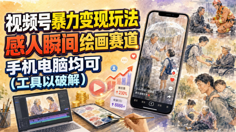 视频号暴力变现玩法，感人瞬间绘画赛道，手机电脑均可-52项目站