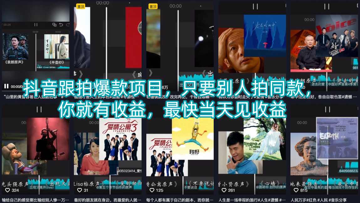 抖音跟拍爆款项目，只要别人拍同款，你就有收益，最快当天见收益-52项目站