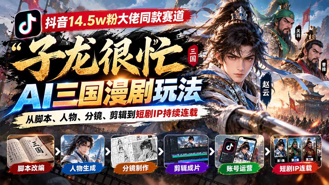 抖音14.5w粉大佬同款赛道「子龙很忙」AI三国漫剧玩法:从脚本、人物、分镜、剪辑到短剧IP持续连载-52项目站