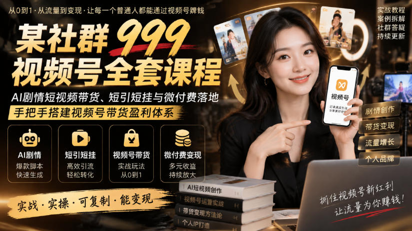 某社群999视频号全套课程，AI剧情短视频带货、短引短挂与微付费落地，手把手搭建视频号带货盈利体系-52项目站