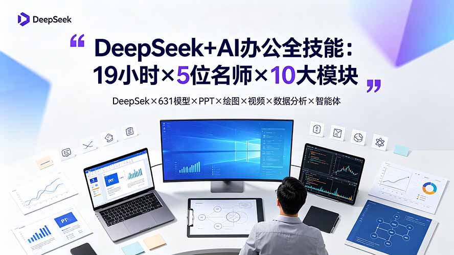 DeepSeek+AI办公全技能：19小时×5位名师×10大模块，DeepSeek×631模型×PPT×绘图×视频×数据分析×智能体-52项目站