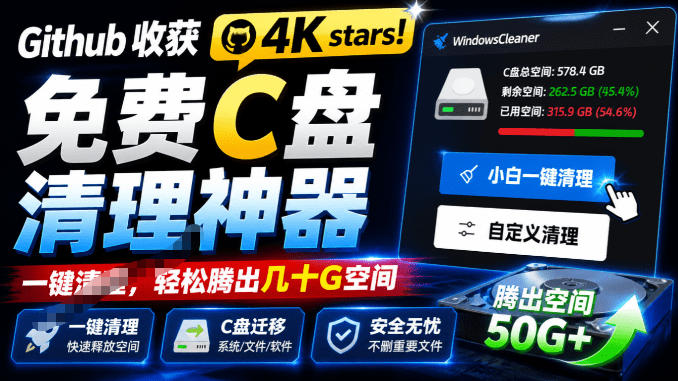 Github收获4K stars！免费C盘清理神器，轻松腾出几十G空间，支持C盘迁移Windows Cleaner-52项目站