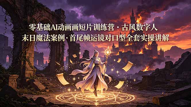 零基础AI动画短片训练营，古风数字人末日魔法案例，首尾帧运镜对口型全套实操讲解-52项目站