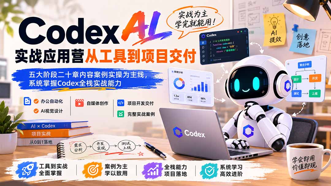 Codex AI实战应用营从工具到项目交付；五大阶段二十章内容案例实操为主线，系统掌握Codex全栈实战能力-52项目站