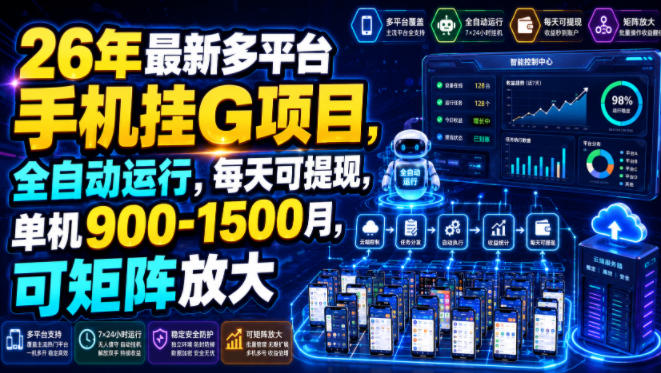 26年最新多平台手机挂G项目，全自动运行，每天可提现，单机900-1500月，可矩阵放大【揭秘】-52项目站
