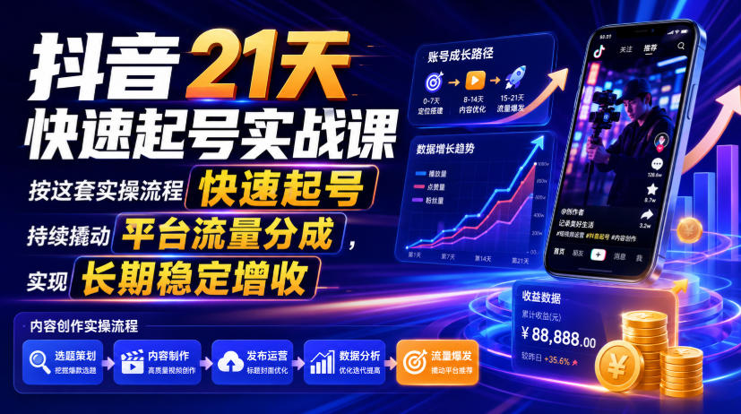 抖音21天快速起号实战课，按这套实操流程快速起号，持续撬动平台流量分成，实现长期稳定增收-52项目站