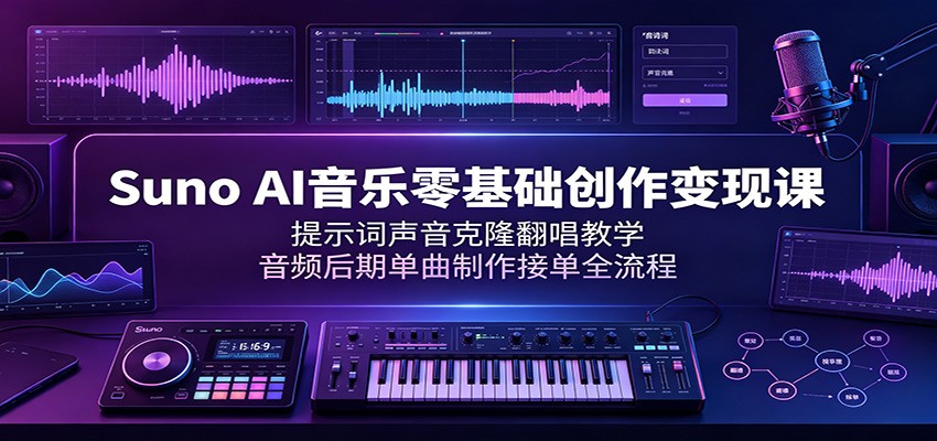 Suno AI音乐零基础创作变现课：提示词声音克隆翻唱教学，音频后期单曲制作接单全流程-52项目站