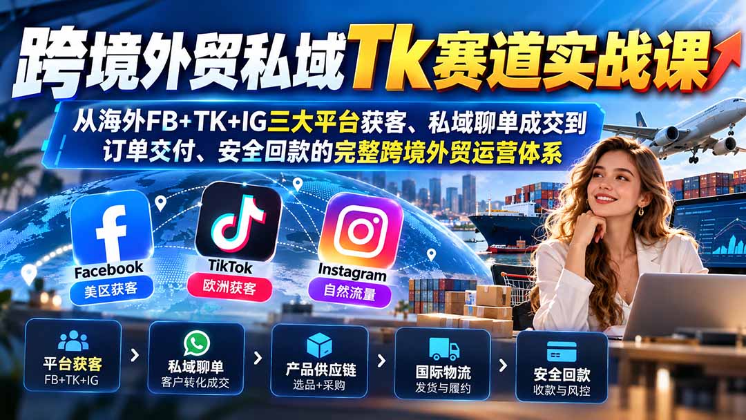 跨境外贸私域Tk赛道实战课：从海外FB+TK+IG三大平台获客、私域聊单成交到订单交付、安全回款的完整跨境外贸运营体系-52项目站