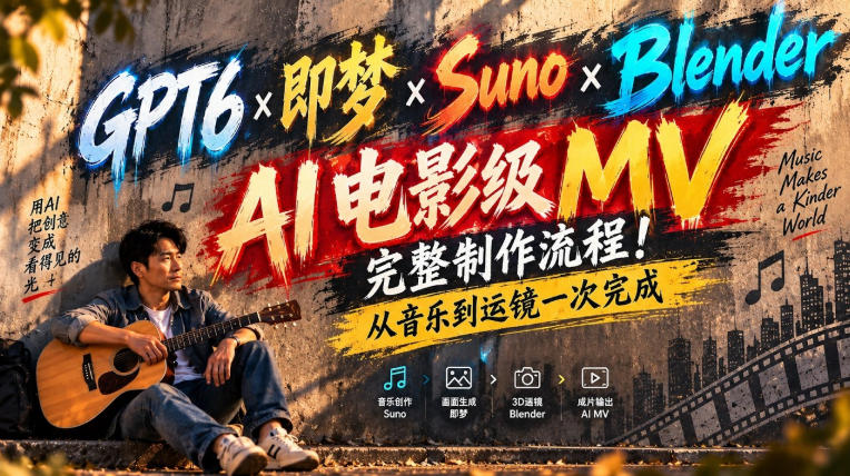 GPT6×即梦×Suno×Blender｜AI电影级MV完整制作流程！从音乐到运镜一次完成！-52项目站
