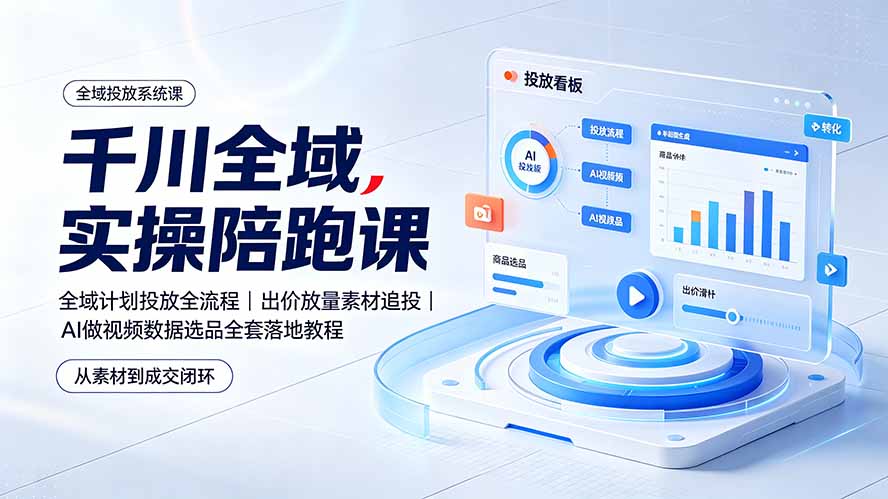 千川全域实操陪跑课：全域计划投放全流程｜出价放量素材追投｜AI做视频数据选品全套落地教程-52项目站