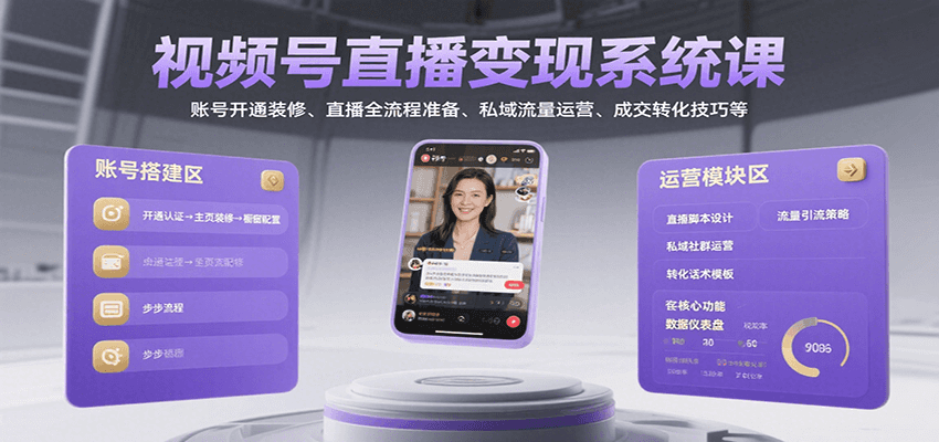 视频号直播变现系统课，账号开通装修、直播全流程准备、私域流量运营、成交转化技巧等-52项目站