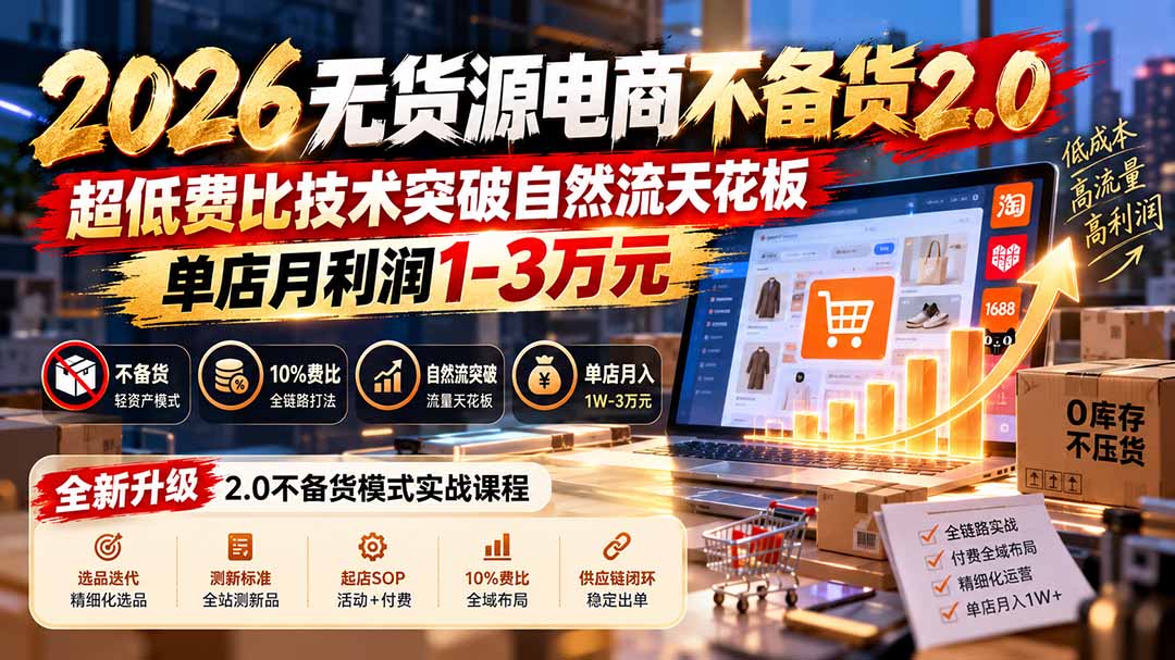 2026无货源电商不备货2.0【更新1010】：超低费比技术突破自然流天花板，单店月利润1-3万元-52项目站