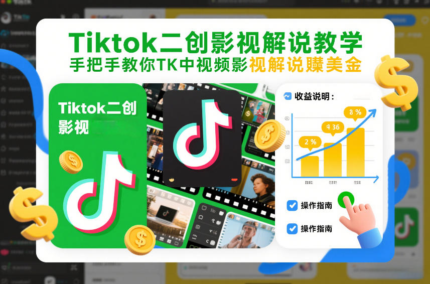 Tiktok二创影视解说教学，手把手教你TK中视频影视解说賺美金(更新26年1月)-52项目站
