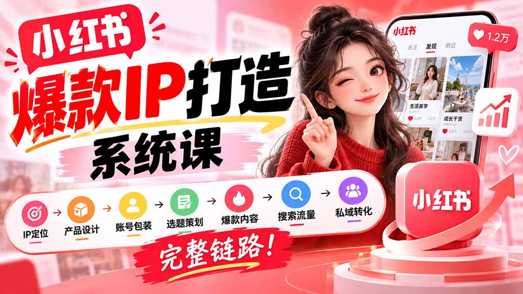 【无水印】小红书爆款IP打造课：IP定位→产品设计→账号包装→选题策划→爆款内容→搜索流量→私域转化，完整链路-52项目站