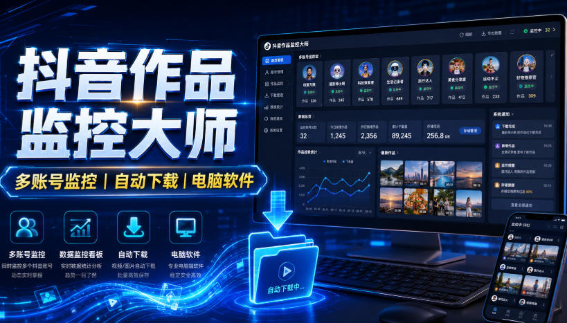 抖音作品监控大师，多账号监控丨自动下载丨电脑软件-52项目站
