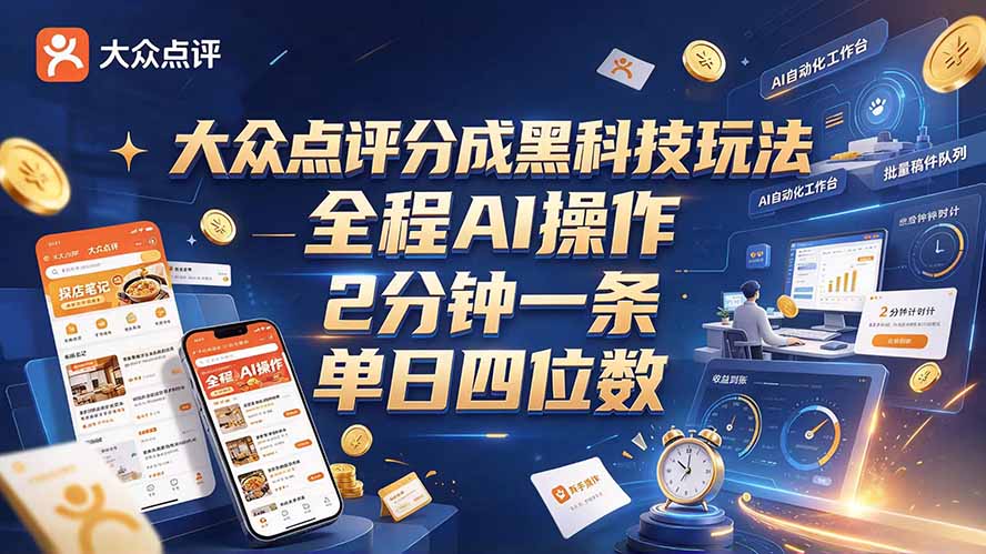 大众点评分成全网独家玩法,AI 全自动出内容,2 分钟一条,小白可冲单日四位数-52项目站