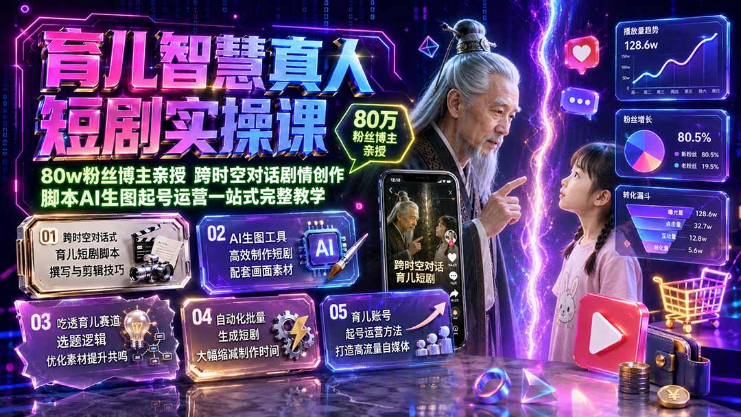 育儿智慧真人短剧实操课｜80w粉丝博主亲授，跨时空对话剧情创作，脚本AI生图起号运营一站式完整教学-52项目站