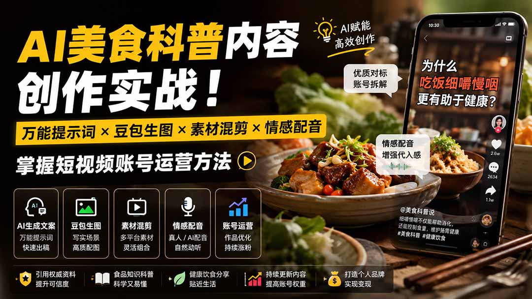 外面卖199元-AI美食科普内容创作实战！万能提示词×豆包生图×素材混剪×情感配音，掌握短视频账号运营方法-52项目站