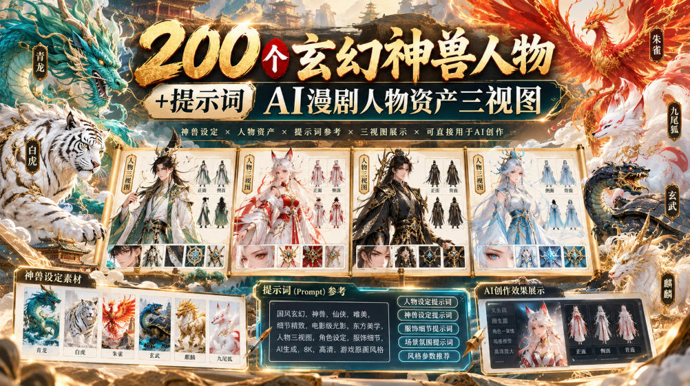 200个玄幻神兽人物+提示词ai漫剧人物资产三视图-52项目站
