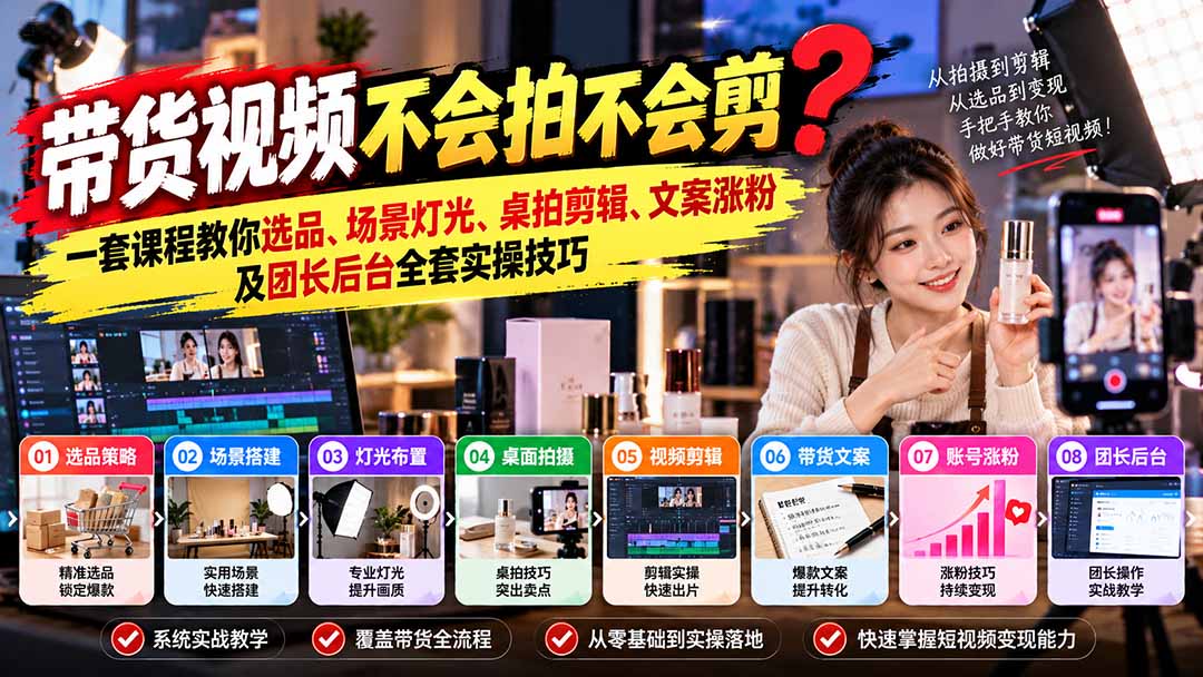 带货视频不会拍不会剪?一套课程教你选品、场景灯光、桌拍剪辑、文案涨粉及团长后台全套实操技巧 复制标题-52项目站