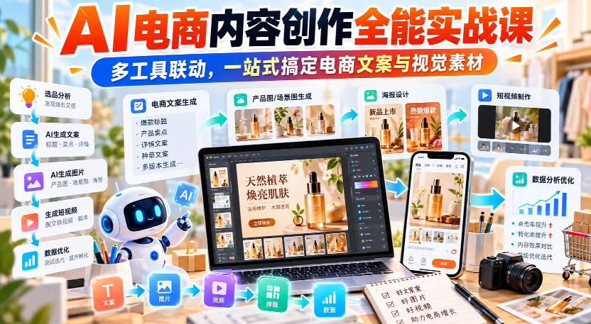 【无水印】AI电商内容创作全能实战课｜多工具联动，一站式搞定电商文案与视觉素材-52项目站