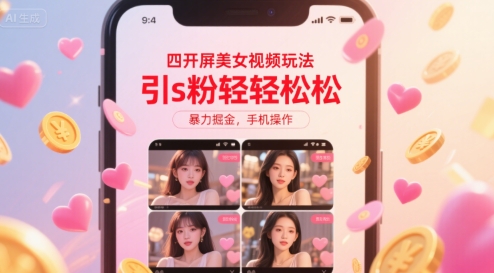 四开屏美女视频玩法，引s粉轻轻松松，暴力掘金，手机操作【揭秘】-52项目站
